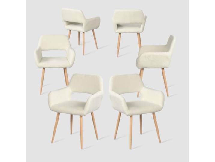 MEUBLE Cosy Esszimmerstühle 6er Set Küchenstühle Sessel Wohnzimmerstuhl Polsterstuhl mit Armlehne Rückenlehne Sitzfläche aus Sherpa Metallbeine, Skandinavisch, Weiß
