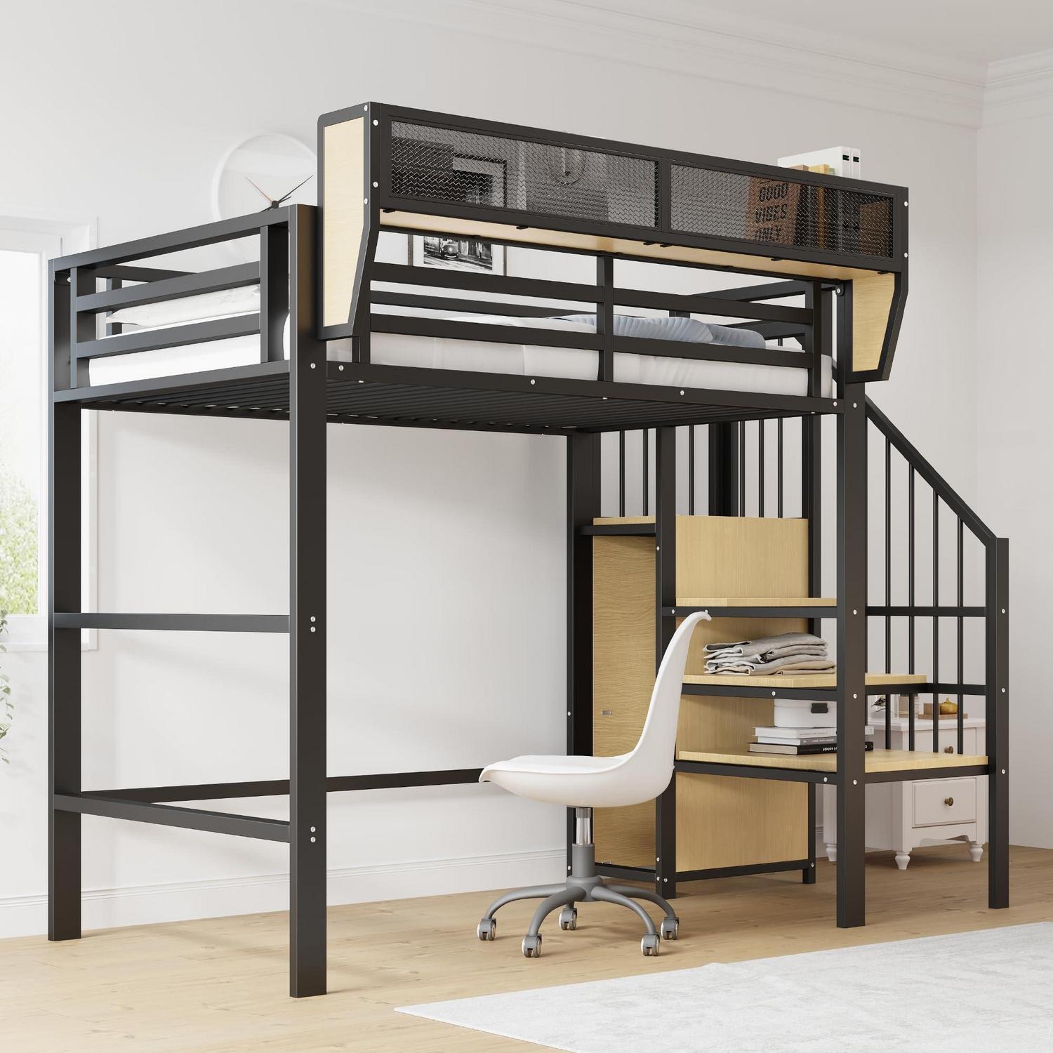 Hochbett 90x200 cm Metall Kinderbett Treppe Stauschrank Rausfallschutz