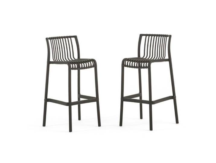 Lot de 2 tabourets hauts d'extérieur empilables en polypropylène légers design bamboo pour bar terrasse jardin Olimpia XL - noir