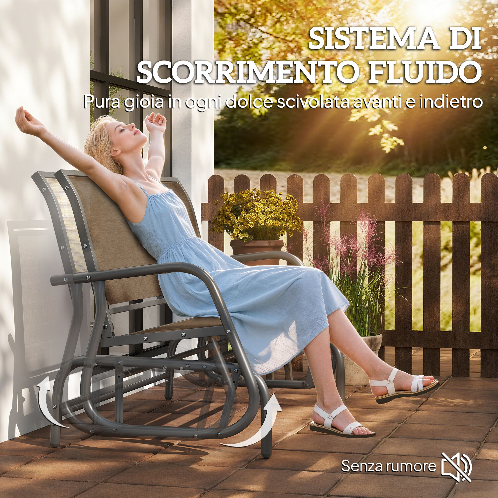 Altro Panchina A Dondolo 2 Posti Da Giardino In Metallo E Tessuto A Rete, 120x70x85 Cm, Marrone Chiaro