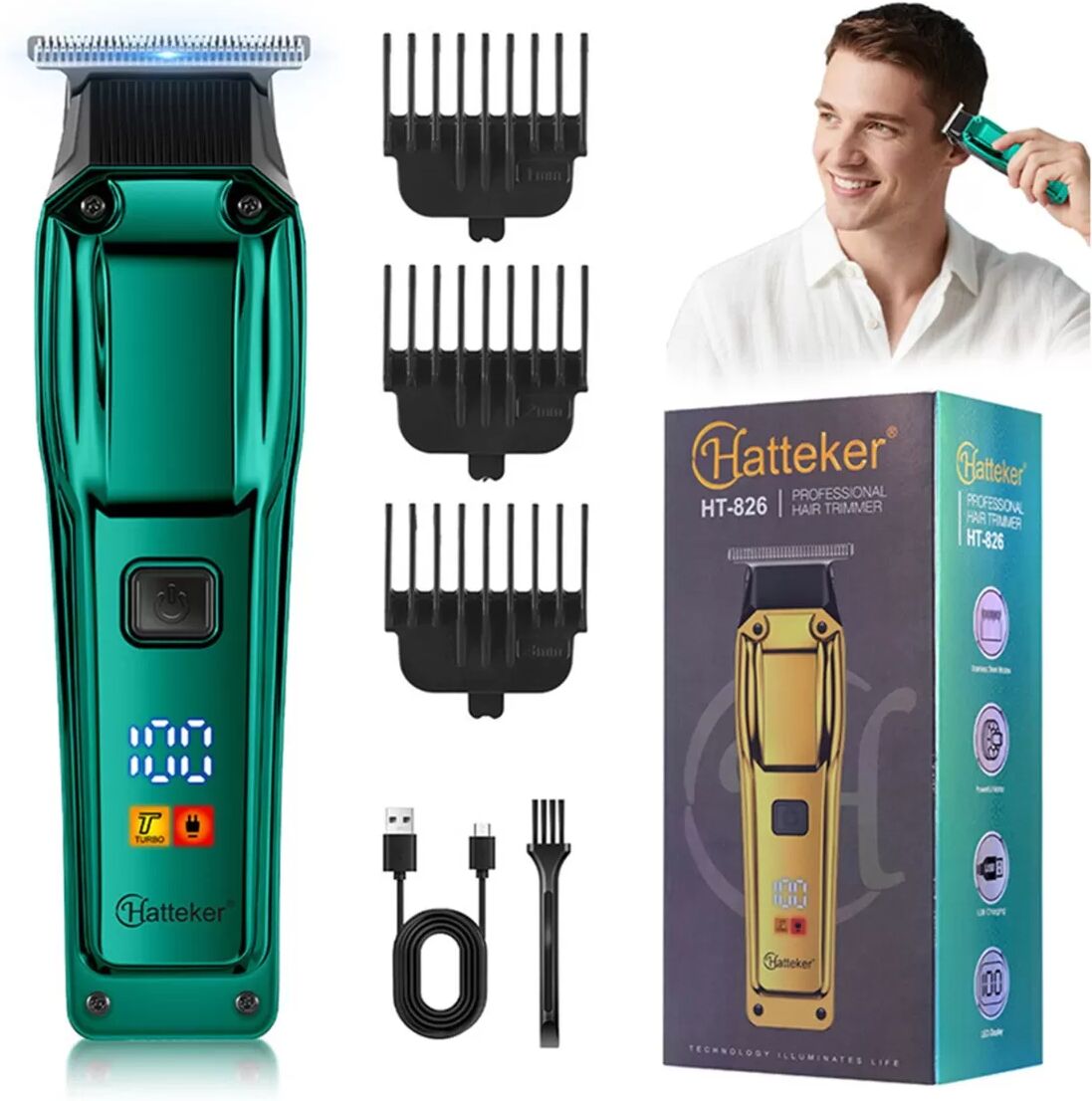 INF LCD Digitalanzeige USB Wiederaufladbare Haarschneidemaschine - Professioneller Kabelloser Haartrimmer Grün