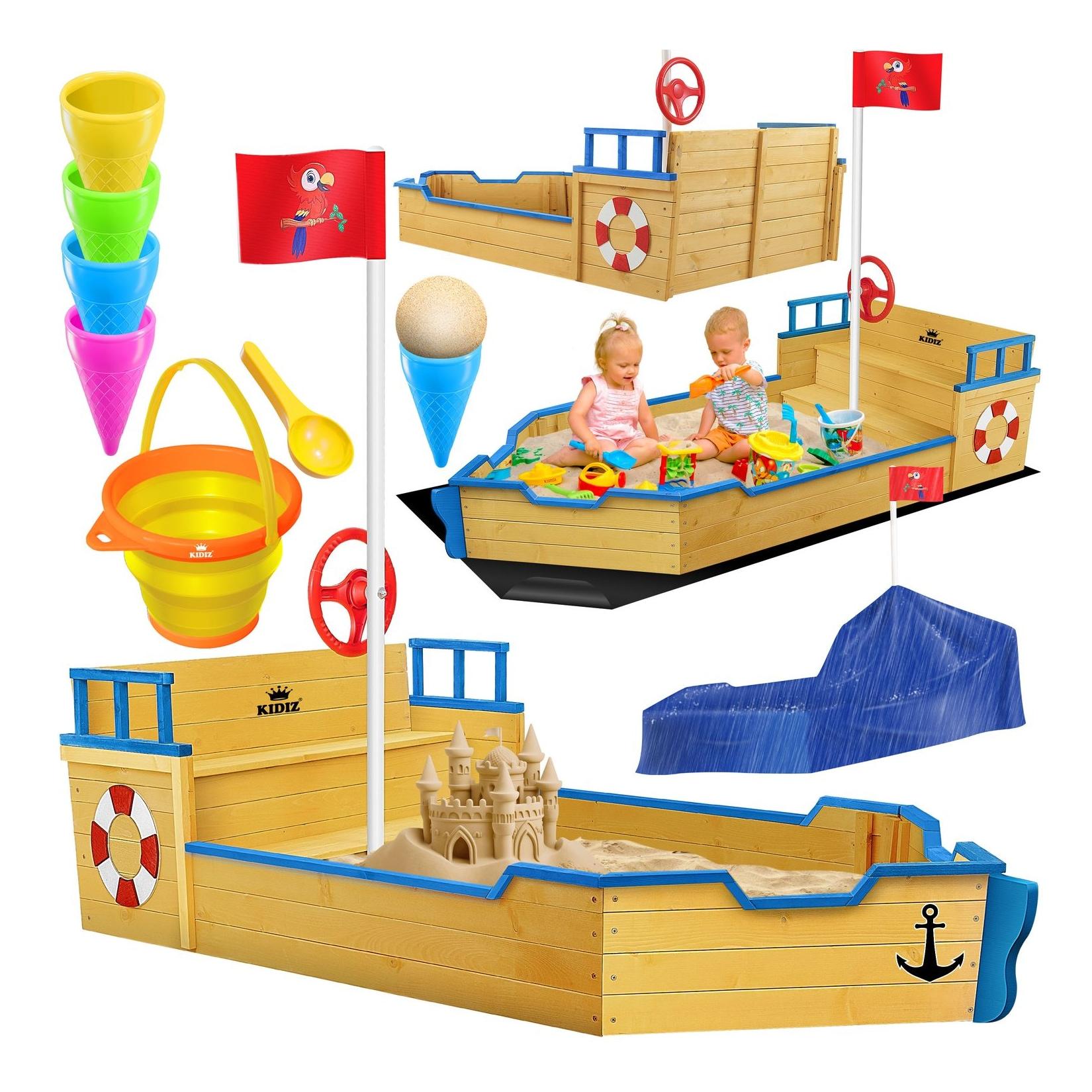 KIDIZ® Sandkasten Ahoi - Piratenschiff Boot Segelschiff aus Holz Inkl. Abdeckung, Bodenplane, Sitzbank, Flaggenmast, Sandspielzeug Große Kinder Sandkiste für den Garten Outdoor Sandbox