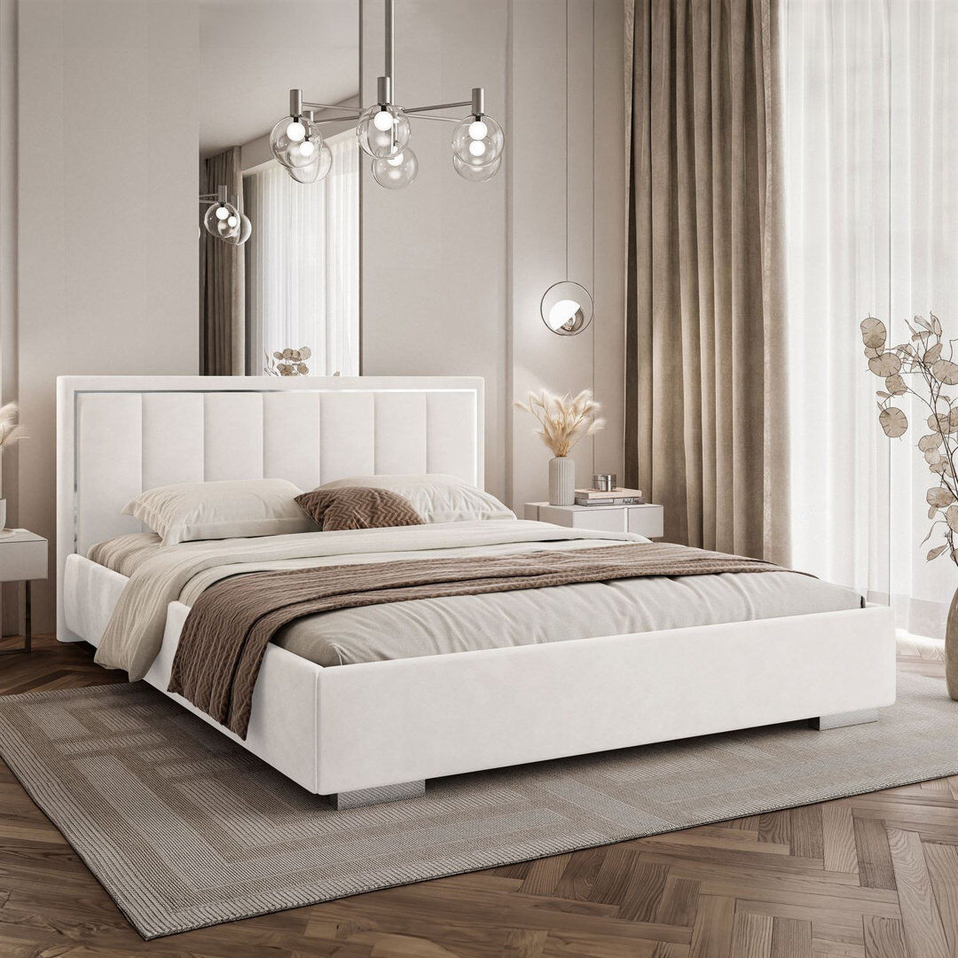 Ivy Bronx Upholstered Ottoman White Double (145 x 205 cm)