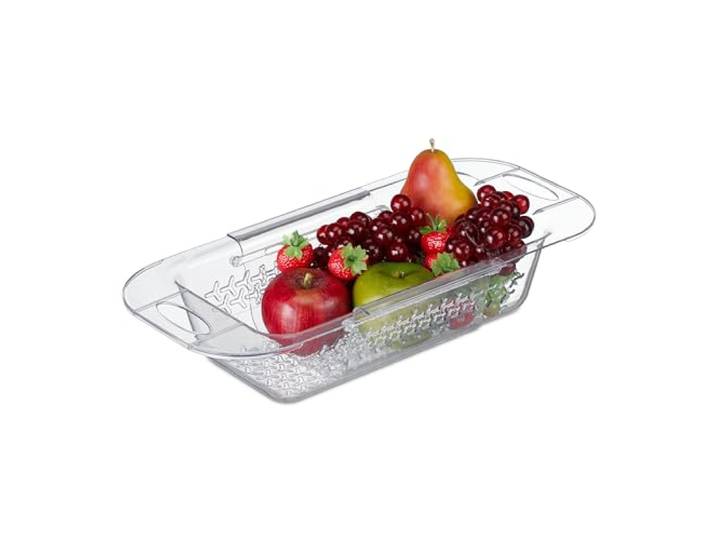 Relaxdays gootsteen vergiet, uitschuifbaar van 43,5 tot 57 cm, spoelbak, handvatten, kunststof, keuken, transparant