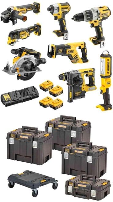 DEWALT Set de perceuse-visseuse à percussion sans fil 18V / 5Ah DCD 996, DCF 887, DCH 273, DCG 405, DCS 367, DCS 356, DCS 565, DCL 050, DCB 184 (DCK853P4T-QW)