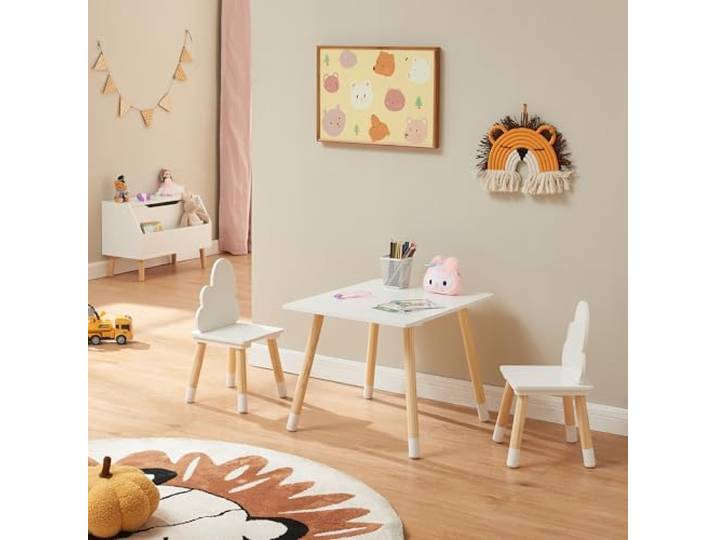 [en.casa] Kindertisch mit 2 Stühlen Hovle Spieltisch Kinderstühle mit Rückenlehne in Wolken-Form Kindersitzgruppe Kindermöbel Maltisch für Kinder Holz Weiß
