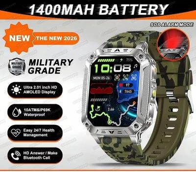 Uplift Essentials "TANK Ultra Military Smart Watch 1400mAh Battery & 2.01"" AMOLED 10ATM Waterproof GPS Tactical SmartWatch green Camouflage"