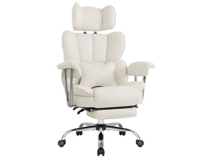 IWMH Chaise de Bureau en Cuir PU à Dossier Grand Fauteuil avec repose-pieds accoudoirs allongés et appui-tête - Crème