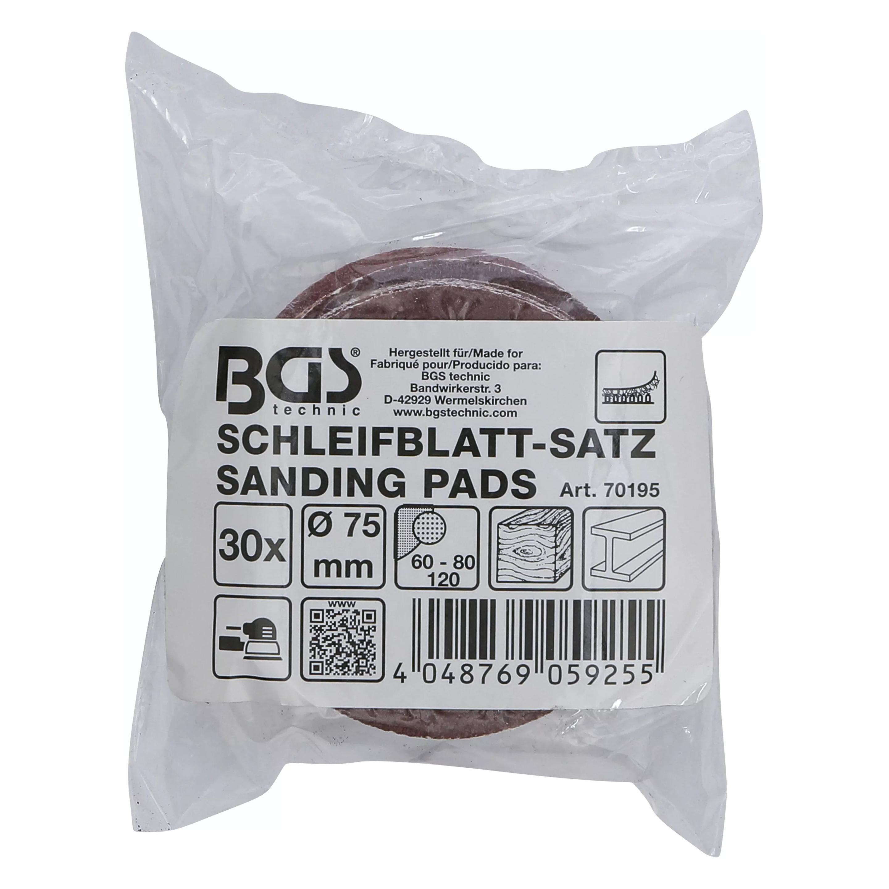 BGS Schleifblatt-Satz für Exzenterschleifer Ø 75 mm K 60 - 80 - 120 30-tlg. (70195)