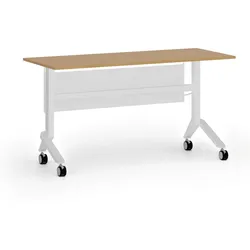 Mobiler Schreibtisch PRIMO MOVE, 140x60 cm, weißes Metallgestell, Buche