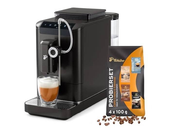 Tchibo Kaffeevollautomat Esperto2 Milk mit One-Touch Milchfunktion und 2-Tassen-Funktion für Espresso, Caffè Crema, Capuccino und Milchschaum, Granite Black - INKLUSIVE Kaffeeprobierset GRATIS
