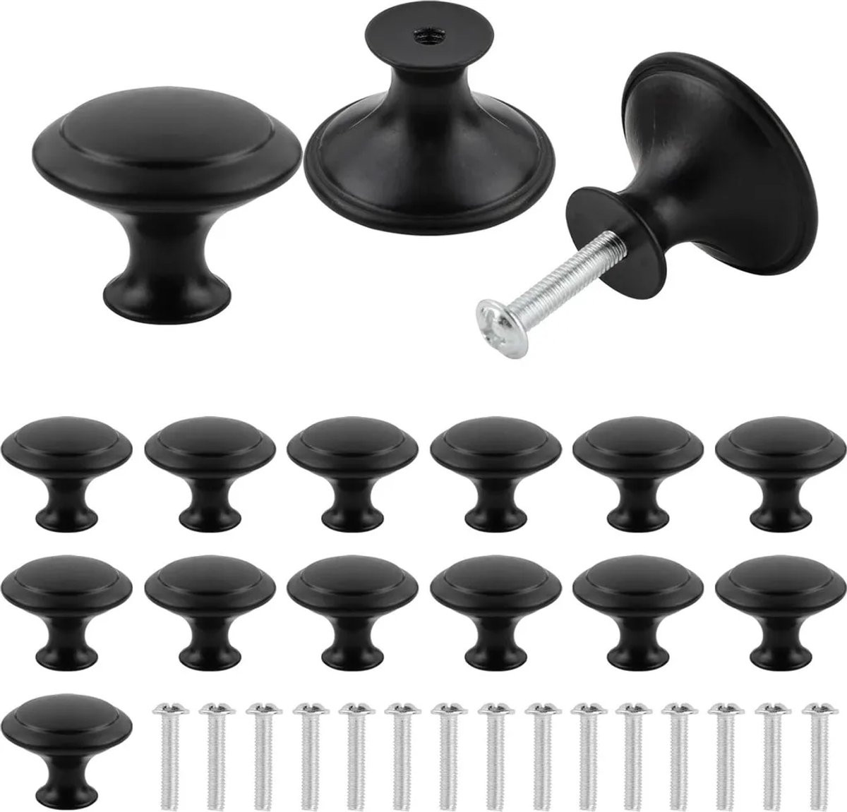 Set van 16 matzwarte deurklinken en ladehandgrepen met een diameter van 30 mm