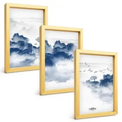 BILDER SET 3er Set - 20x30 cm Goldrahmen - Berge, Wolken, Bäume, Vögel