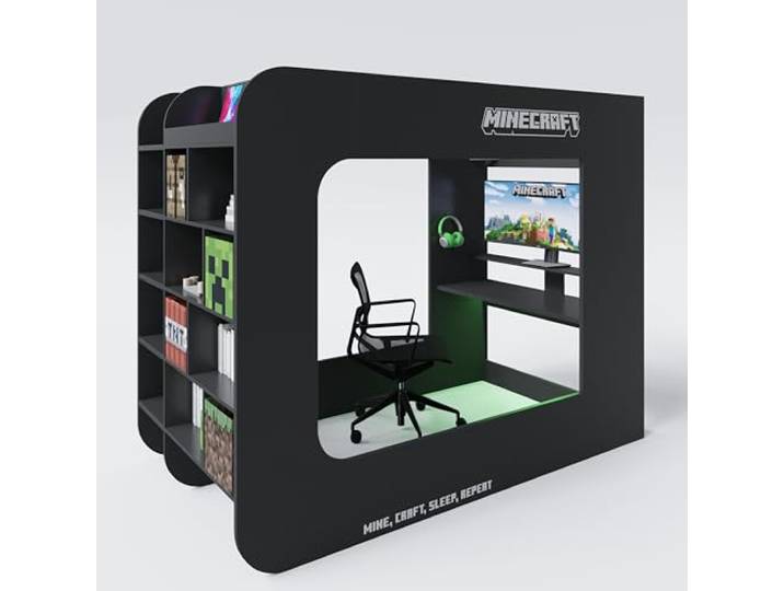 Minecraft - Kojenbett, Hochbett, Gamingbett 120x90cm, mit Leiter, Schreibtisch und Stauraum, Schwarz Carbon Optik