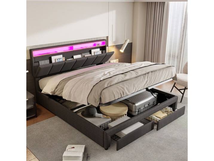 Lit double 160x200cm - Lit coffre 160x200cm avec Éclairage LED - Sans matelas - Lit adulte avec 2 Tiroirs - Gris