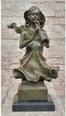 Bronzhaus Graceful Woman Playing Flute – Bronze Art Nouveau-Style Statue