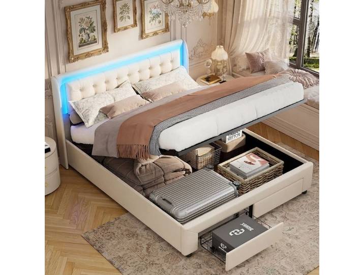 Lit capitonné 140x190 avec sommier Lit Double avec LED lit Coffre avec 2 tiroirs lit de Rangement avec décoration à Boutons Velours