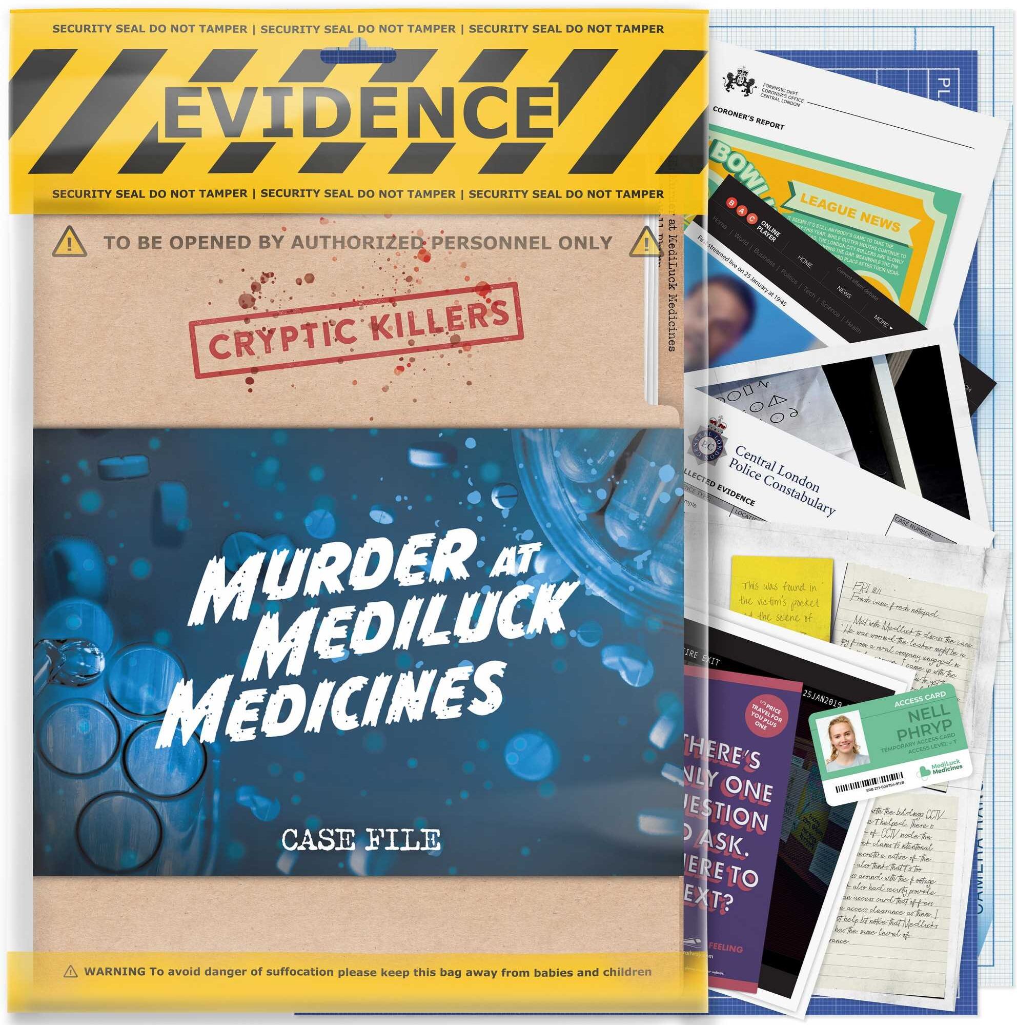 LA Brands LTD Cryptic Killers: Murder at MediLuck Medicines - Immersive Murder-Mystery Game for Group Play, 3-Hour Investigation, Difficulty 4.5/5