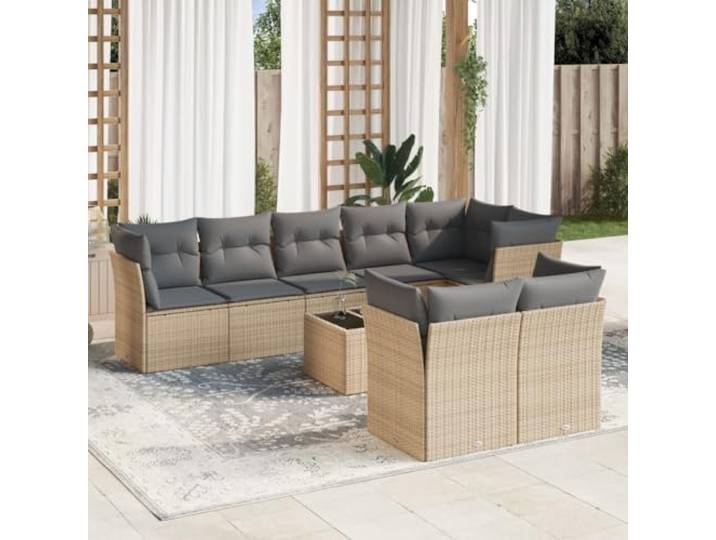 Résine tressée imperméable Ensemble de canapés Beige 9 pièces Salon de jardin 9 pieces beige resin tressée avec coussins, canapé exterieur modulaire table verre trempé, ensemble terrasse