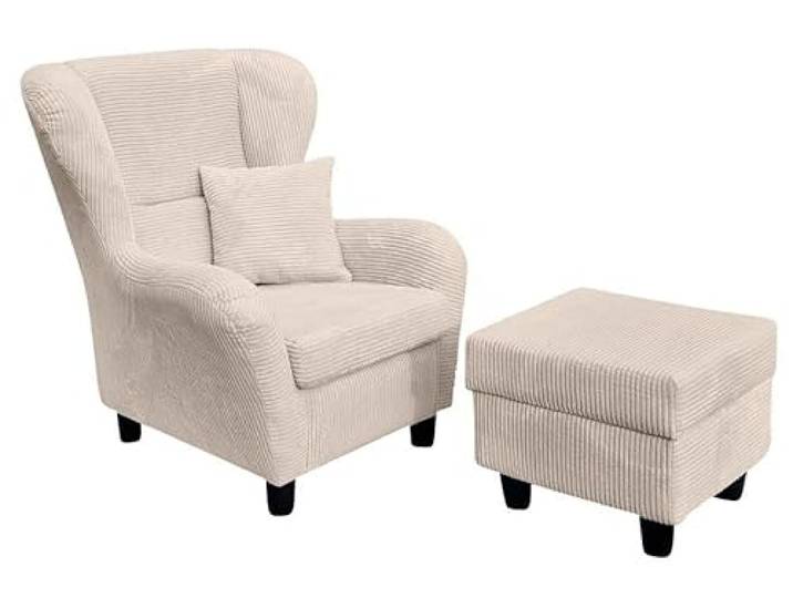 luma-Home 18017/ Ohrensessel mit Hocker im Landhaus-Stil, Beige Creme B90/H98/T76 cm, hoher Sitzkomfort durch Wellenunterfederung, Lesesessel mit Echtholzfüßen & Zierkissen, Cord-Bezug