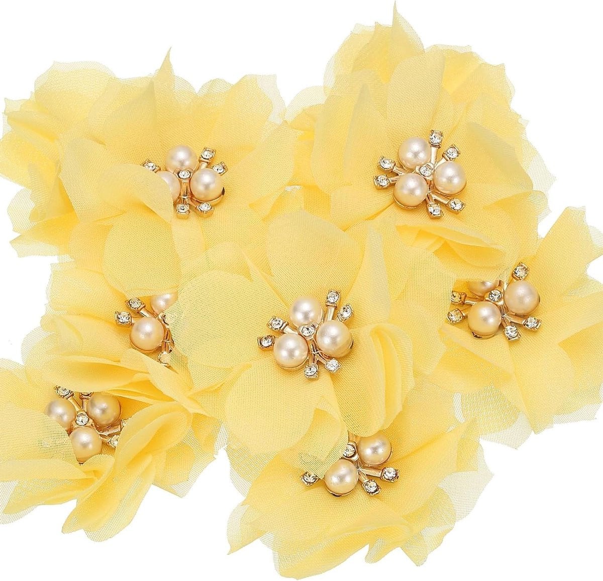 Chiffon Bloemen Stoffen Applicaties met Parels - 10 stuks - Geel