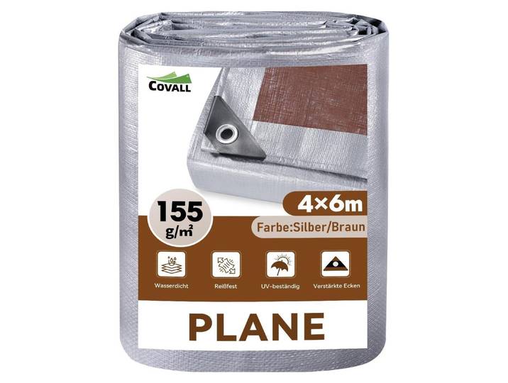 Abdeckplane Wasserdicht 4x6m 155g/m² Schwerlast Plane mit Ösen Silber/Braun