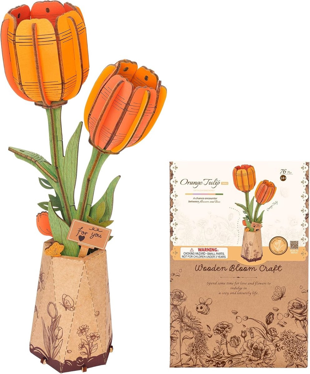 3D houten puzzel oranje tulp - Doe-het-zelf modelbouwset voor volwassenen