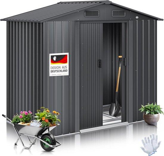 Famanu Metall-Gartenhaus mit Fundament - Werkzeugschuppen mit Zolldach und Doppel-Schiebetür