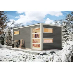 Karibu Gartensauna Saunahaus Hygge inkl. Vorraum, terragrau-9 kW Ofen inkl. Huum Wlan Steuergerät mit App-Funktion