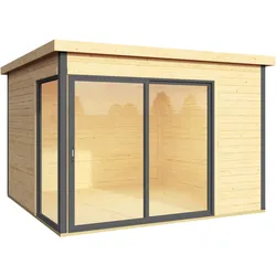 Weka Designhaus 412 Gr. 1 mit Glasschiebetür (Homeoffice-Gartenhaus) - 44 mm naturbelassen 300 x 300 cm - 50 % Rabatt auf Dacheindeckung