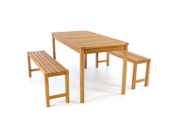 Divero 3 teilige Sitzgruppe BORKUM - 1 Tisch + 2 Bänke aus Teak-Holz, behandelt – Farbe: Braun