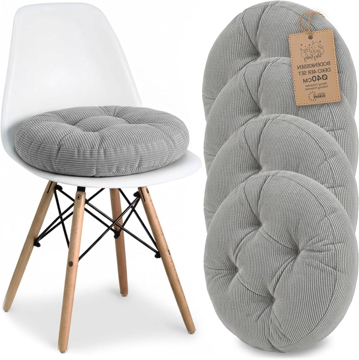 Merkloos Rond Zitkussen Set van Ribfluweel - Grijs - Diameter: 40 cm