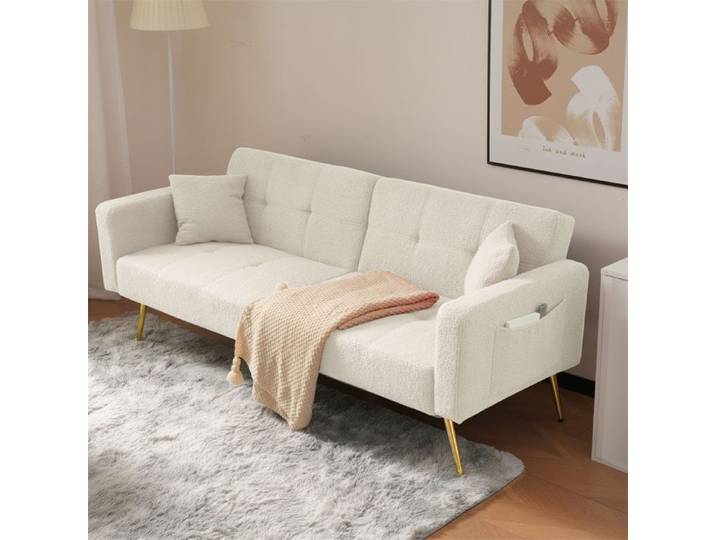 DRIPEX Canapé Convertible 2/3 places Canapé Moderne en Sherpa avec 2 coussins Canapé-lit avec pieds dorés et poches latérals Blanc