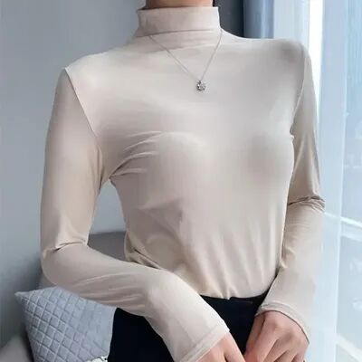 Friendly Fresh Finds Cozy Slim Fit Women Half Turtleneck Long Sleeve Top Elegant Korean Casual Style For Autumn Winter Wear one Size skin