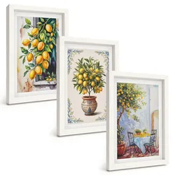 BILDER SET 3er Set - 20x30 cm Weißer Rahmen - Zitronenbäume Früchte Sonne