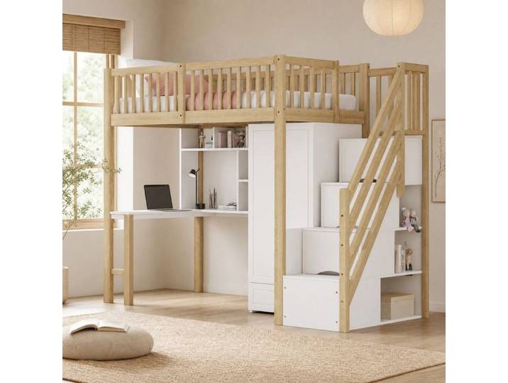Hochbett 90x200 cm multifonctionnel avec grand dressing bureau étagères et escalier sécurisé - Meuble tout-en-un en bois