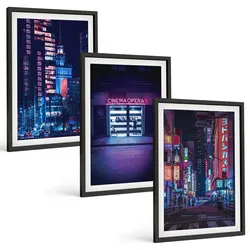 BILDER SET 3er Set - 40x60 cm Schwarzer Rahmen - Neon-Eingang zur nächtlichen Stadt