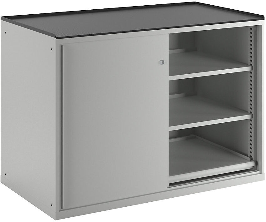 Schiebetürenschrank, Traglast Auszugboden 75 kg, 4 Verstellböden, 2 Auszugböden, lichtgrau LISTA