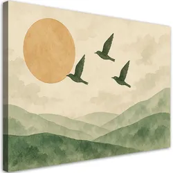 LEINWANDBILD Vögel Berge Aquarell Grün Beige 90x60cm
