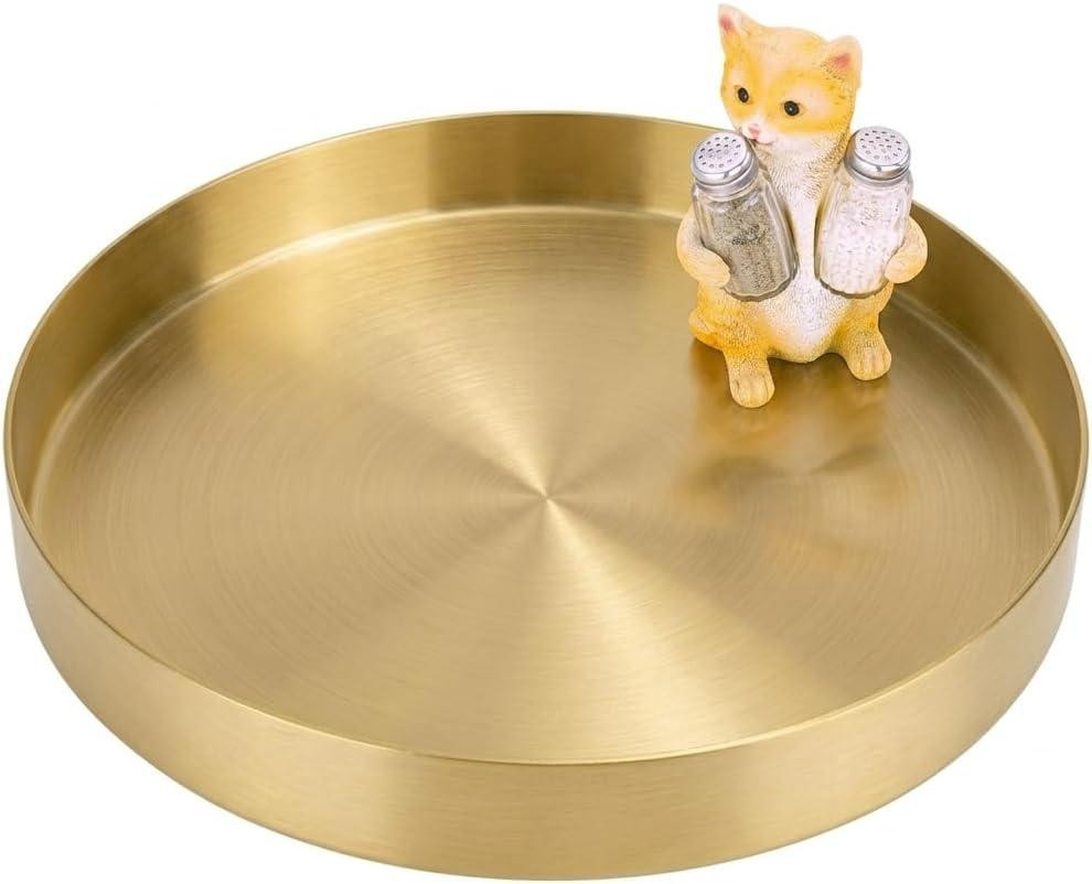Ronde goudkleurige metalen serveerplank voor sieraden, make-up en kaarsen