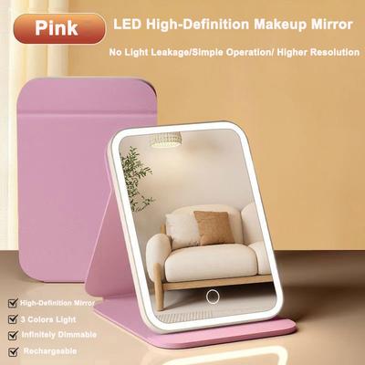 Fusion Finds LED Makeup Mirror With Leather 3 Colors Touch Screen USB Rechargeable 3 Brightness Dimming Foldable pink