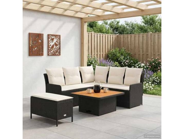 KTHLBRH 5-teiliges Möbelset aus PE-Rattan, Schwarz und Cremefarben Ecksofa, Akazienholz, Innen- und Außenbereich, inklusive Kissen