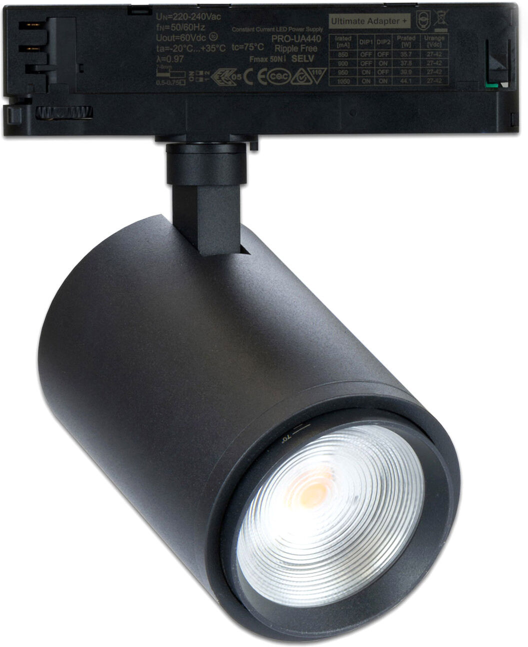 Isoled 3-Ph Schienen-Strahler Fokussierbar, 34w, 20°-70°, Schwarz Matt, Fresh Meat 3200k