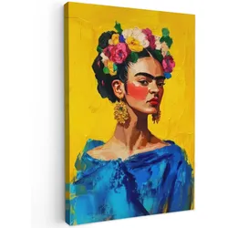 LEINWANDBILD Frida Kahlo - Frau - Gelb - Blau - Blumen Wanddeko 40x60 cm