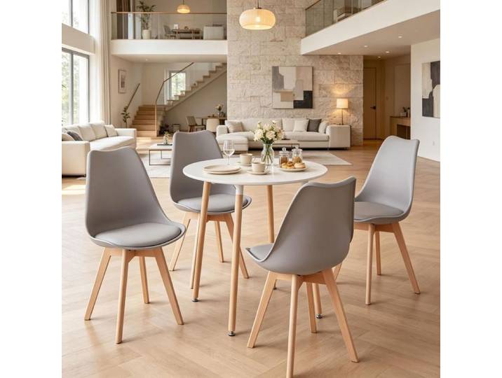 Ensemble Table Et Chaises Ø80x75cm 4 Chaises Similicuir Gris - Ensemble Repas - Table Ronde Blanche Design Pieds En Bois Naturel