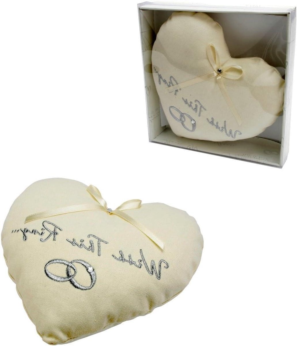 Beige Trouwring Kussen in Hartvorm met With This Ring Tekst - 21 x 21 cm