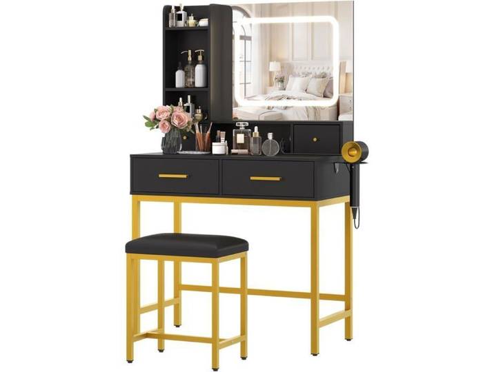 Garvee Coiffeuse avec éclairage LED et tabouret coiffeuse avec grand miroir 3 modes d'éclairage et intensité réglable noir et or