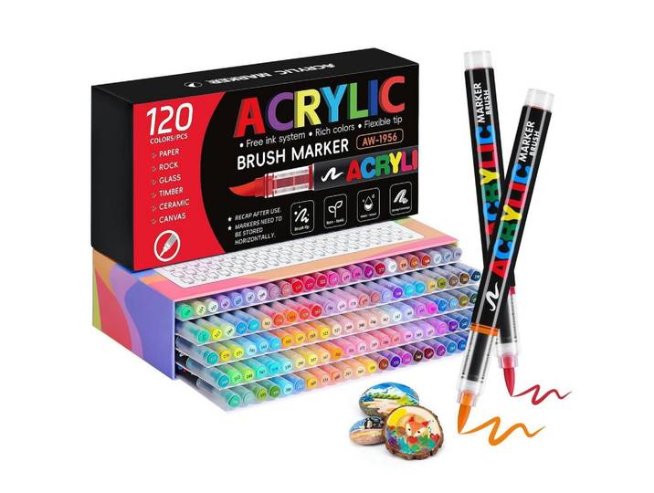 Acrylstifte Set 120 Farben Pinselspitze, Mehrfarbig, Kunststoff, 1x1x14 cm, Dekoration, Malbedarf & Bastelbedarf