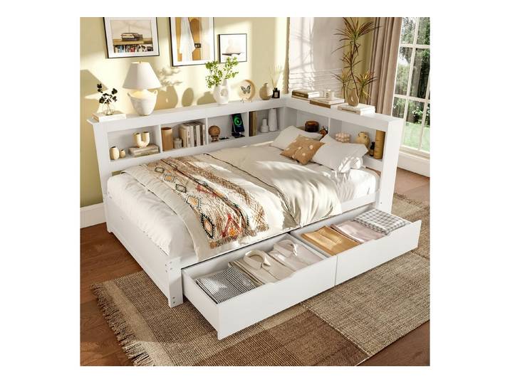 OKWISH Schlafsofa Kinderbett, mit Stauraum, USB-Anschlüssen & Steckdose 140x200 cm, Inklusive Matratze