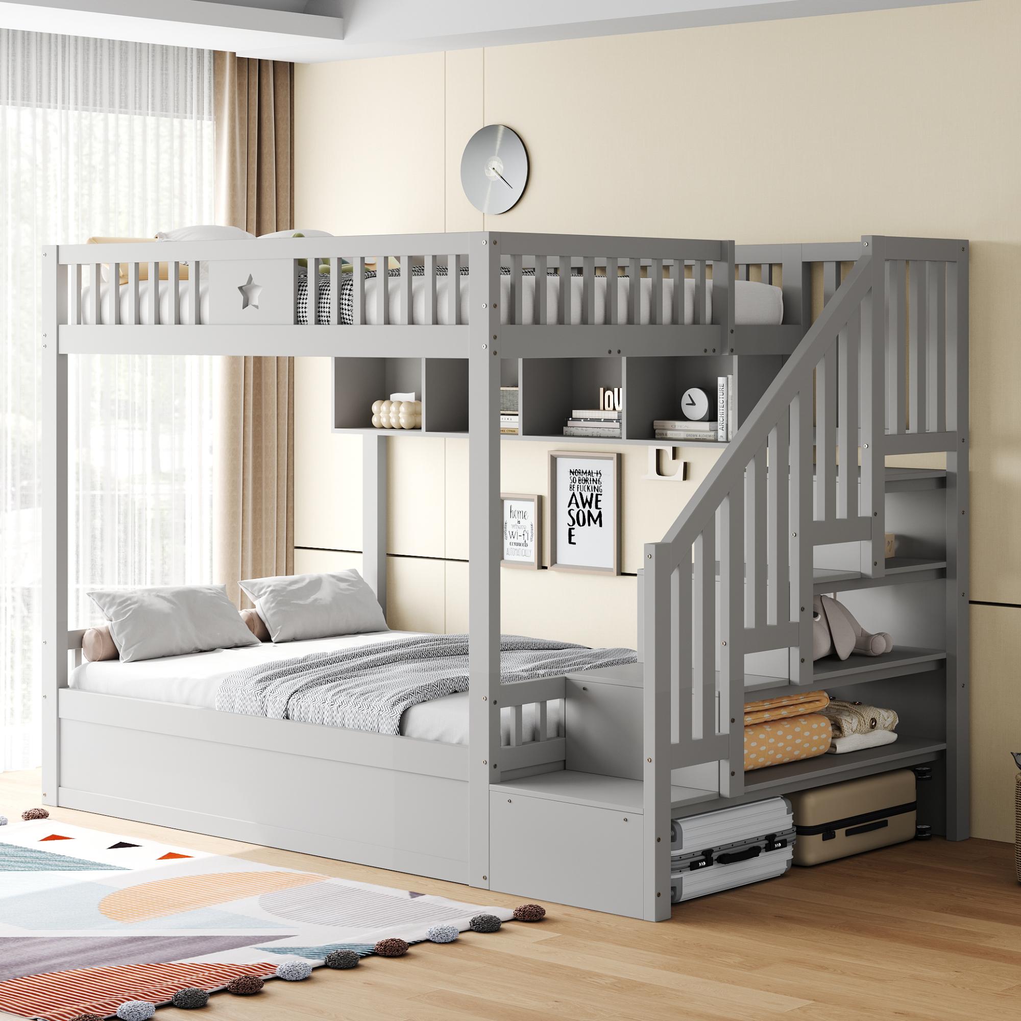 MODFU Etagenbett 140x200 Holzbett Jugendbett mit hohen Geländer und Sicherheitsleiter,Bettgestell Bettrahmen mit sternförmige Holzblöcke,ohne Matratze,Grau